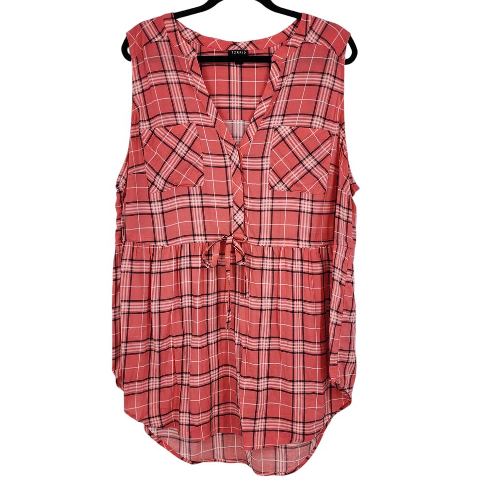 Torrid Women's Pink Plaid Sleeveless Emma Babydoll Challis Tunic Top Size 2x